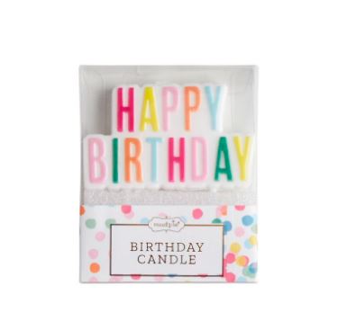Molded wax birthday candle by Mud Pie featuring vibrant multi-colored block lettering spelling out Happy Birthday set above a silver glitter base and encased in a colorful polka-dot cardboard package