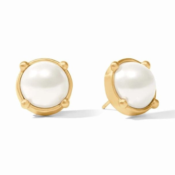 Julie Vos 24k gold-plated pearl stud earrings featuring luminous round white pearls secured by four signature decorative ball prongs on a minimalist white background