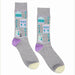 Knit socks by The Bath Sock Company featuring an illustrated pattern of Bath England landmarks including the Roman Baths and Georgian townhouses with teal lamp posts purple heels and yellow toes