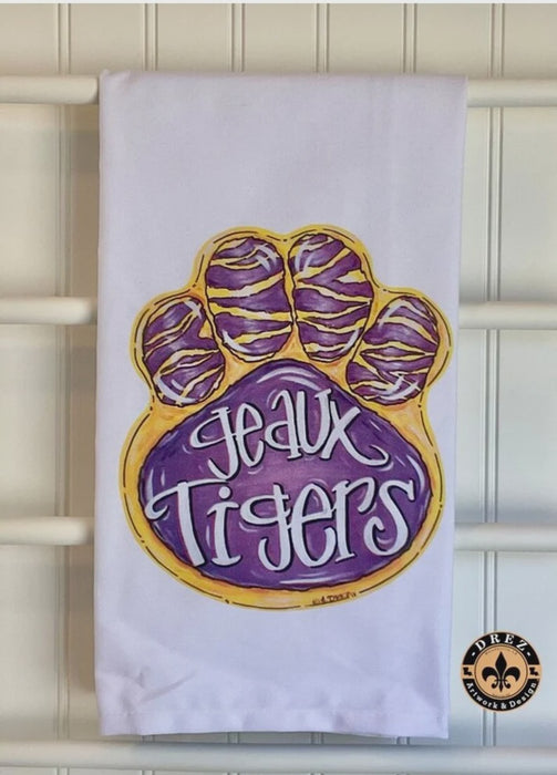 Purple and Gold Paw Print Tea Towel