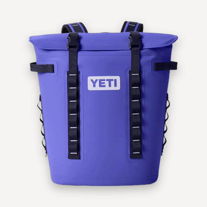 Violet YETI soft cooler backpack with navy straps, front view
