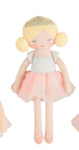 Textile plush ballerina doll on a white background featuring a shimmering gold glitter crown, blonde fleece hair buns, and a soft pink tulle tutu