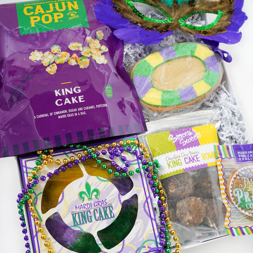 King cake packaging with a mask on a white background