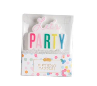 Decorative wax birthday candle featuring pink cursive script and vibrant multicolored block letters reading Let&