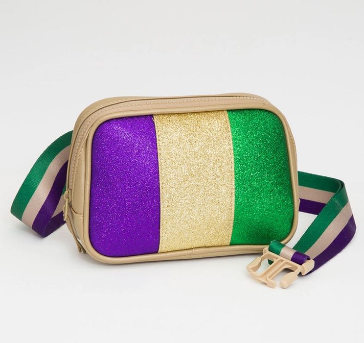 Faux Leather Mardi Gras Sparkle Front Rectangle Belt Bag