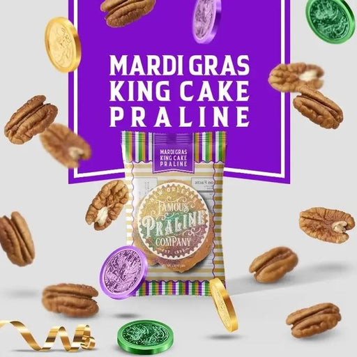 Digital graphic advertisement by New Orleans Famous Praline Company featuring a Mardi Gras King Cake Praline package surrounded by floating pecans, festive purple, green, and gold doubloons, and a swirling gold ribbon against a vibrant purple backdrop