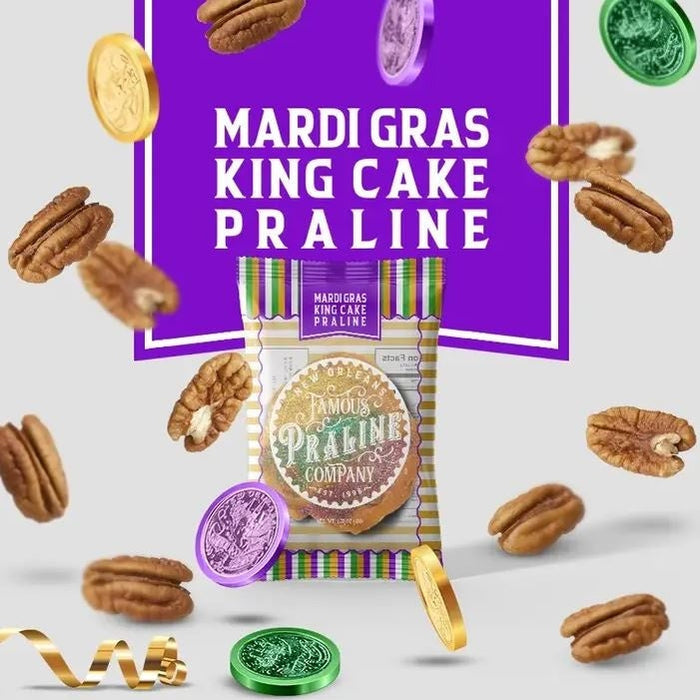 Digital graphic advertisement by New Orleans Famous Praline Company featuring a Mardi Gras King Cake Praline package surrounded by floating pecans, festive purple, green, and gold doubloons, and a swirling gold ribbon against a vibrant purple backdrop