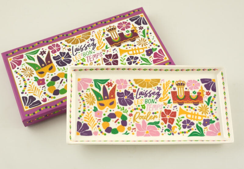 Rectangular trinket tray with Mardi Gras masks, flowers and "Laissez les bon temps rouler" beside its matching box