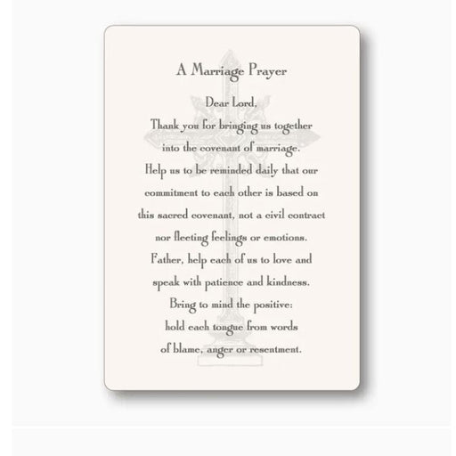 Printed card titled A Marriage Prayer featuring elegant serif typography and a subtle, ornate grey cross illustration on a cream-colored background with rounded edges