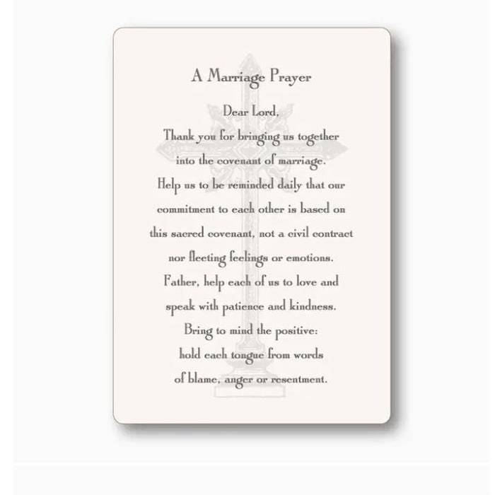 Printed card titled A Marriage Prayer featuring elegant serif typography and a subtle, ornate grey cross illustration on a cream-colored background with rounded edges