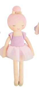 Fabric plush ballerina doll on a white background featuring a pink hair bun with a gold bow, a ribbed lilac bodice, and a layered pink tulle tutu