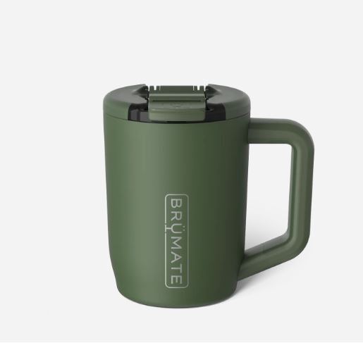 Product photography by BrüMate of a matte olive green insulated travel mug on a white background featuring a vertical brand logo, an ergonomic handle, and a secure leak-proof lid