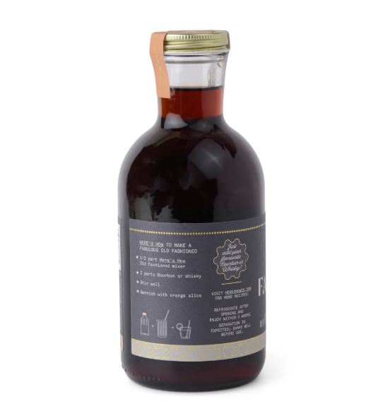 Back label of a Here's How Old Fashioned cocktail mixer bottle with mixing directions