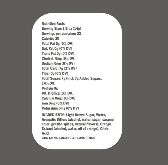 Nutrition facts and ingredients panel listing light brown sugar, water, aromatic bitters and orange extract