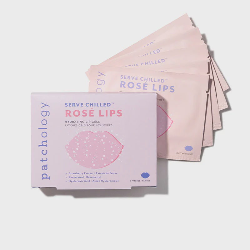 Studio product photography of Patchology Serve Chilled Rosé Lips hydrating lip gels featuring a pale pink box and fanned-out sachets with a bubbly lip-shaped graphic and vertical brand lettering