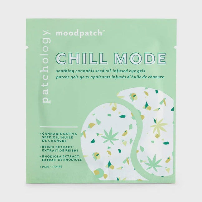 Product packaging by Patchology showcasing a mint green Chill Mode eye gel sachet featuring white crescent illustrations decorated with green cannabis leaf icons and gold terrazzo flecks