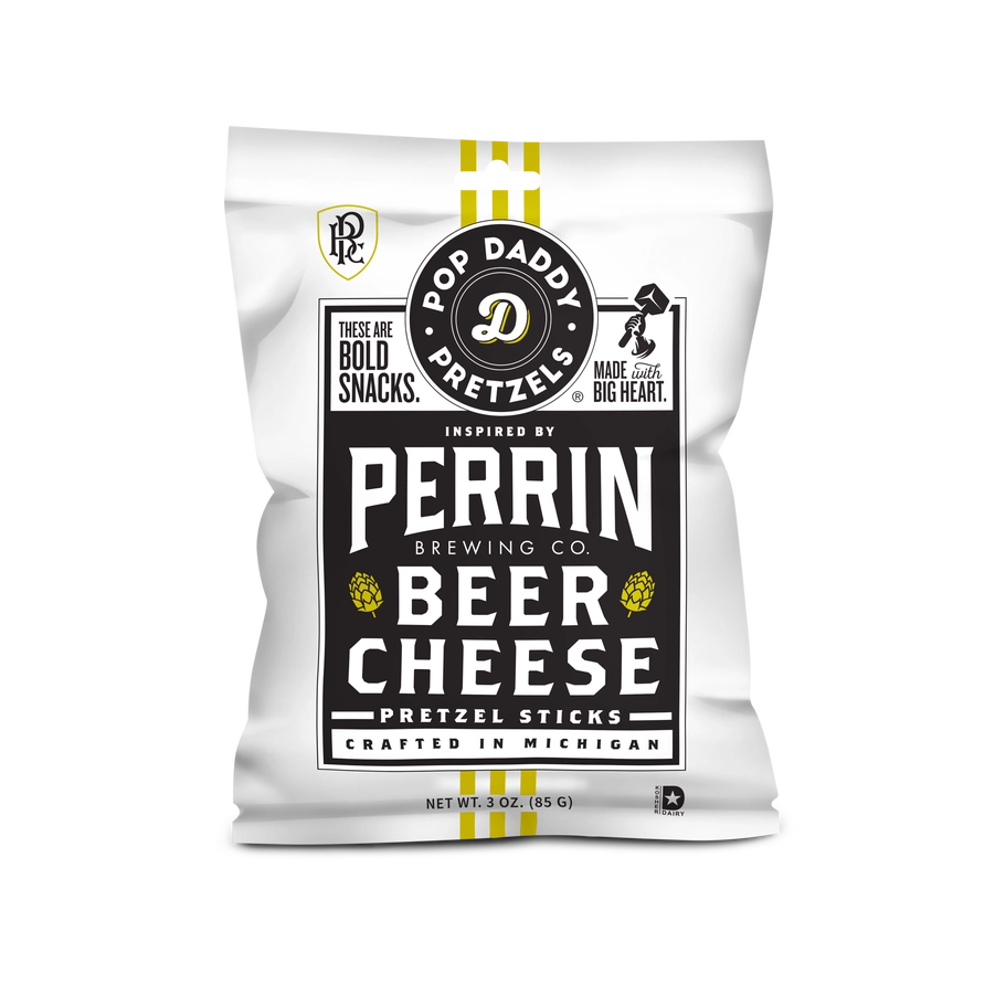 Product packaging graphic for Pop Daddy Pretzels featuring a white bag of Beer Cheese Pretzel Sticks inspired by Perrin Brewing Co. in Michigan with yellow hop icons and vertical yellow stripes