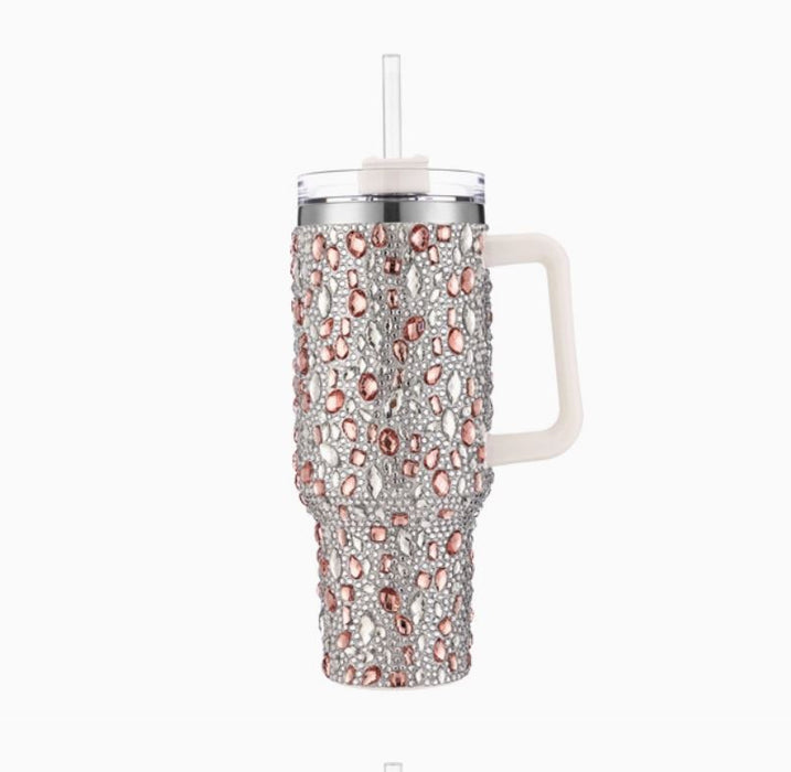 Pink Blinged Fashionable 40 oz Tumbler Cup with Handle
