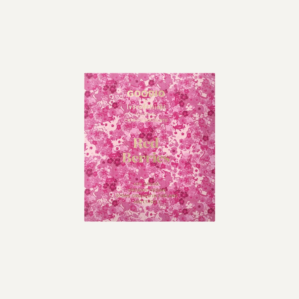 Goodio Red Berries chocolate bar in pink floral packaging