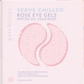 Commercial product packaging for Patchology Serve Chilled Rosé Eye Gels box featuring a light pink background with a central illustration of two crescent-shaped eye gels covered in dew drops and text mentioning strawberry extract and hyaluronic acid