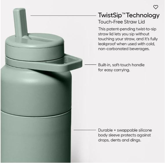 Product photograph by Brumate of a sage green water bottle in a minimalist studio setting featuring a TwistSip straw lid, a built-in soft-touch handle, and a protective matte eucalyptus silicone sleeve