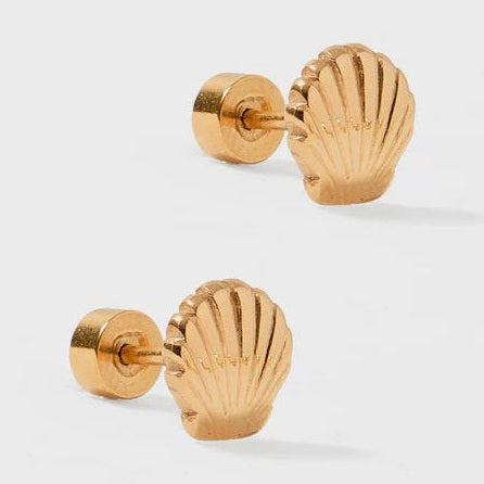 Gold-tone metal jewelry scallop shell stud earrings centered on a plain white studio background featuring intricate vertical ribbing and a high-shine polished finish with secure flat-back closures