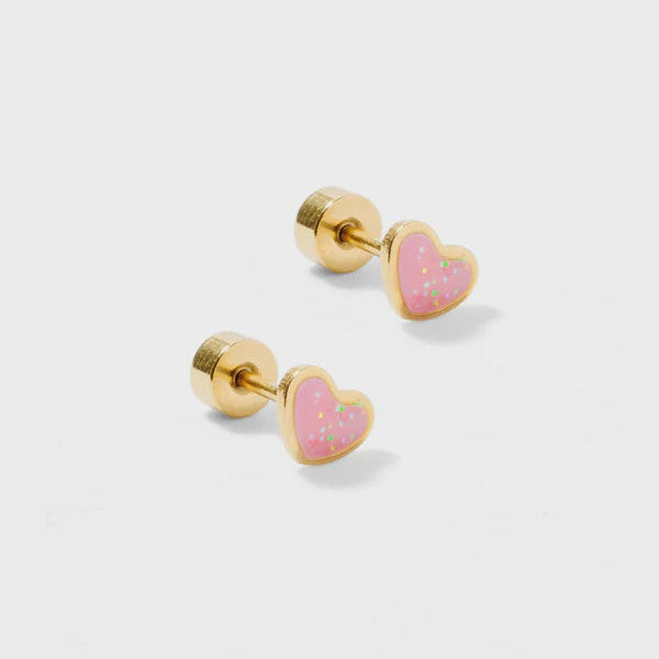 Gold-toned jewelry featuring a pair of pink heart-shaped stud earrings on a neutral gray background with secure screw-back posts and multi-colored glitter accents in mint and yellow