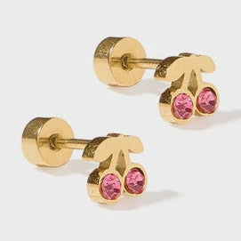 Gold-plated stud earrings featuring a dainty cherry motif with vibrant pink faceted crystals and polished gold stems on a clean neutral studio background