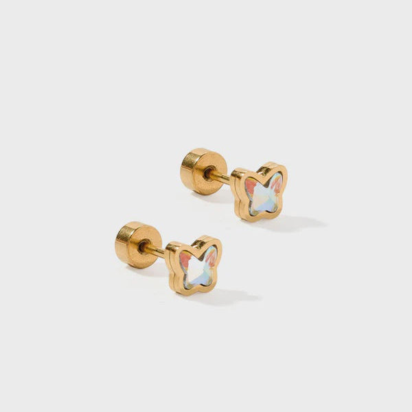 Gold butterfly stud earrings featuring shimmering iridescent wing inlays set in polished gold-tone frames on a neutral gray background with vibrant opalescent patterns and secure flat-back screw posts