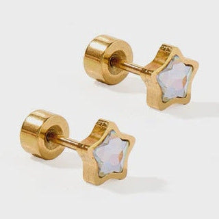 Gold-plated jewelry star stud earrings featuring iridescent aurora borealis inlay centers and flat-back screw closures set against a neutral grey studio background