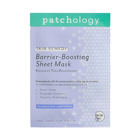 Skincare packaging by Patchology showcases a Skin Remedy Barrier-Boosting Sheet Mask in a lavender and teal sachet featuring a repeating medical cross pattern and a small line-art illustration of a face wearing a mask