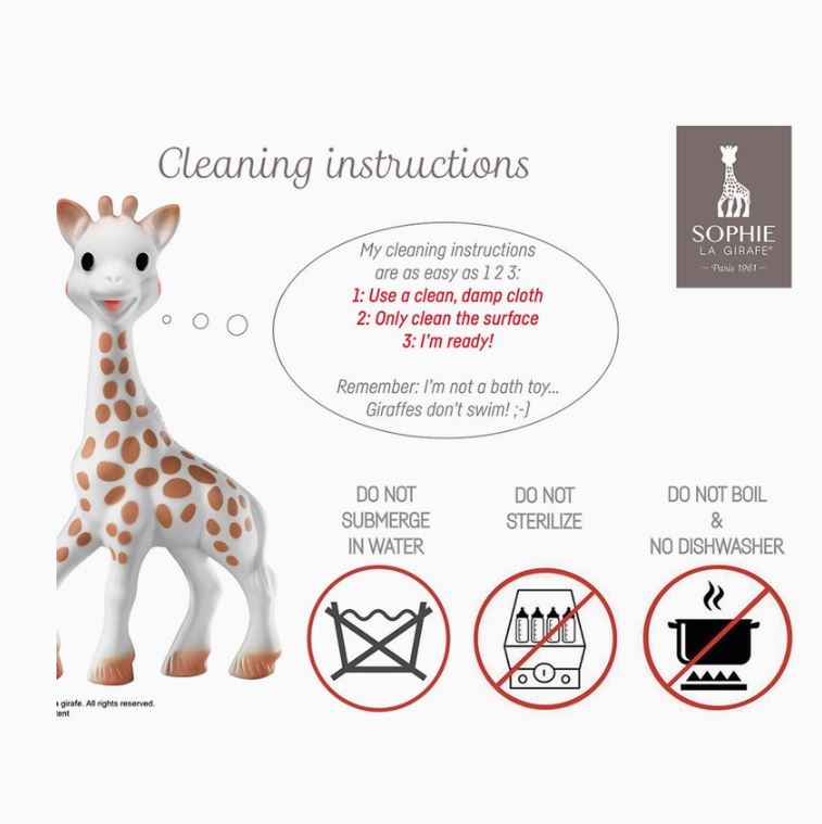 Digital infographic by Sophie la Girafe illustrating product maintenance instructions on a white background featuring the iconic brown-spotted giraffe alongside three red warning icons and a speech bubble for surface cleaning steps