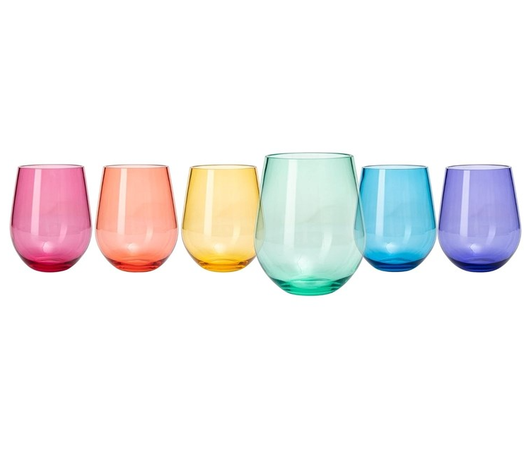 Translucent glass tumblers featuring six stemless wine glasses in vibrant rainbow hues on a plain white background with a larger central mint green glass flanked by shades of pink orange yellow blue and purple
