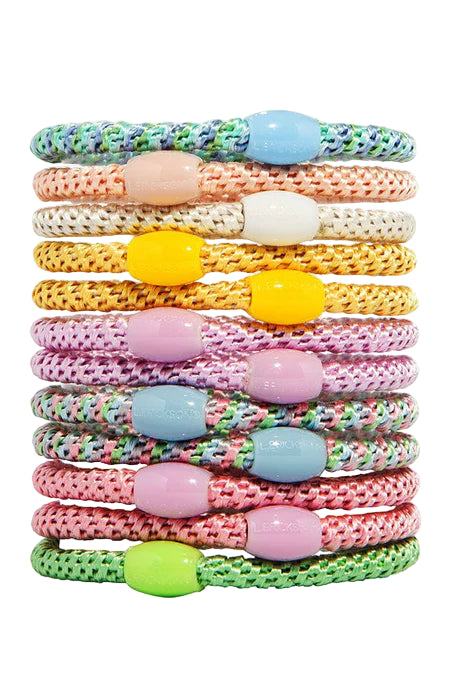 Stack of twelve braided hair ties in bright pastel blue, peach, yellow, pink and green
