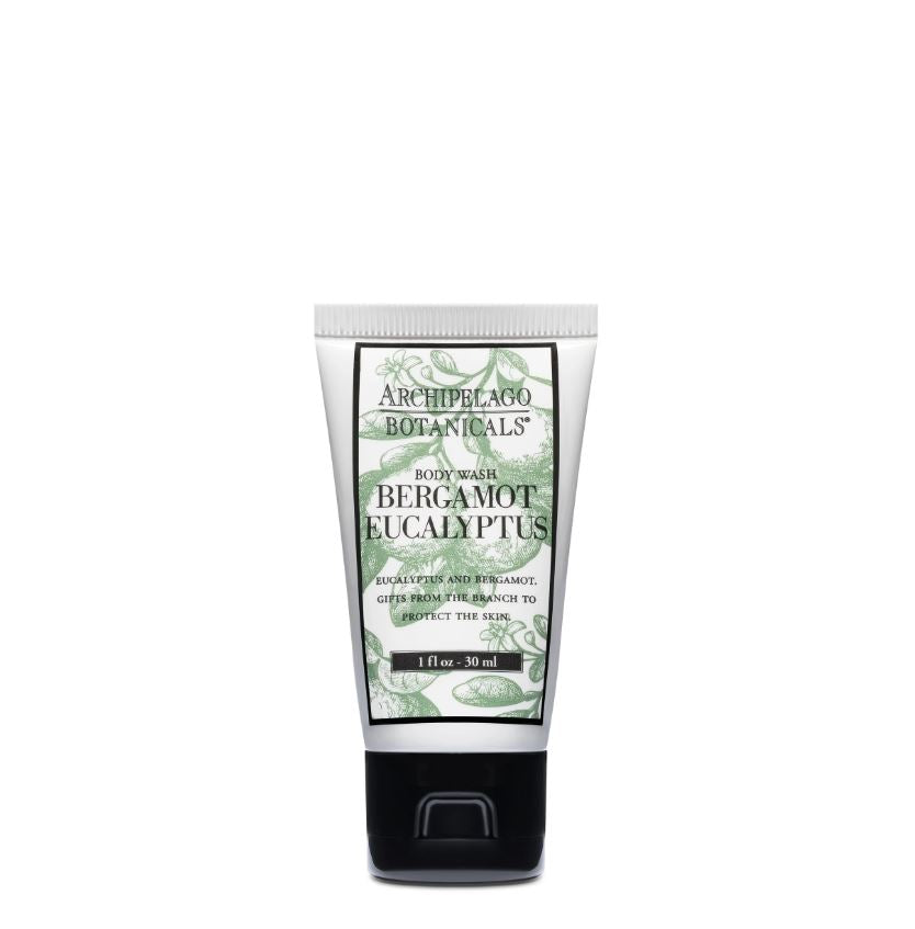 Product photograph by Archipelago Botanicals of a Bergamot Eucalyptus body wash tube centered on a white background, featuring pale green botanical illustrations, bold black serif typography, and a matte black flip-top cap