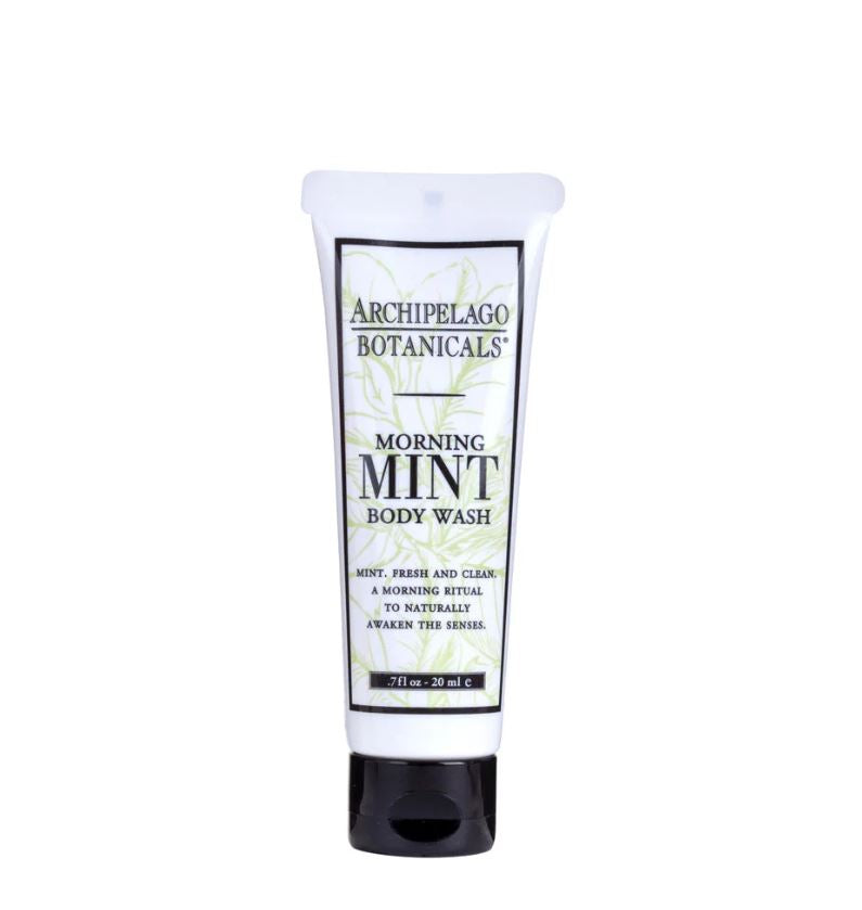 Product photograph of Archipelago Botanicals Morning Mint Body Wash featuring the iconic brand logo on a white squeeze tube with green botanical sketches and a black screw cap against a clean white background