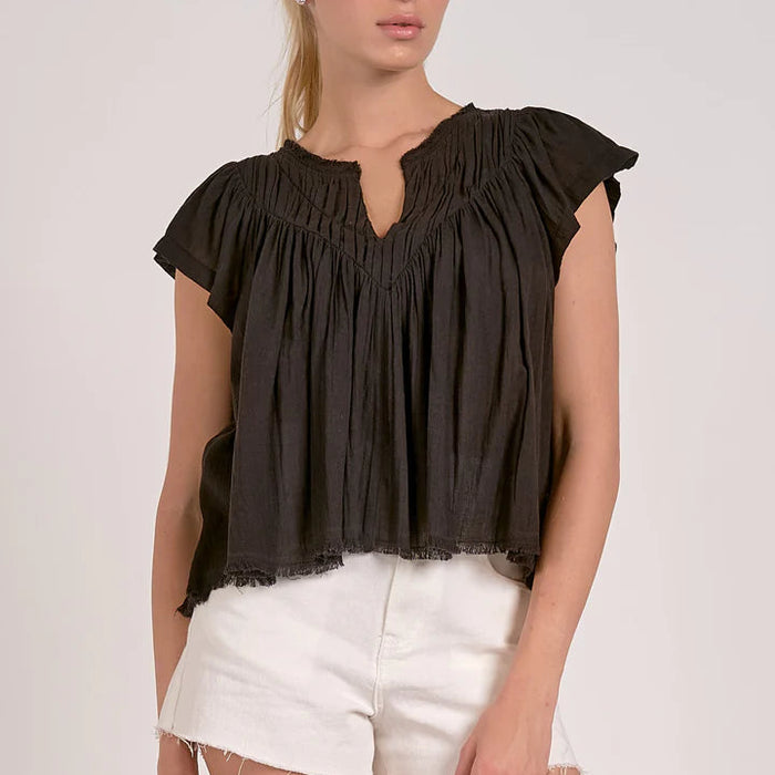 Black V-Neck Frill Top
