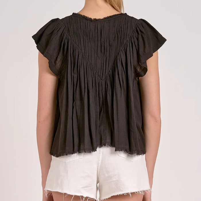 Black V-Neck Frill Top