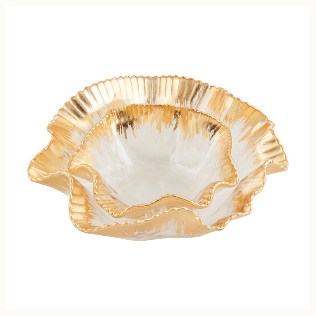 Handcrafted glass nested bowl set on a white background featuring organic ruffled edges with gold leaf accents and a translucent textured center