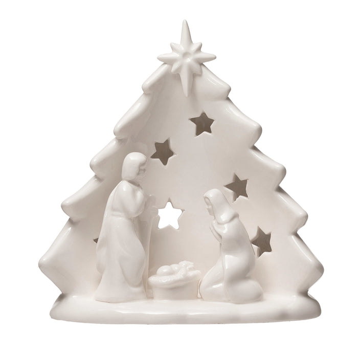 Stoneware Holy Family Candle Holder w/ Tree & Cut-Outs