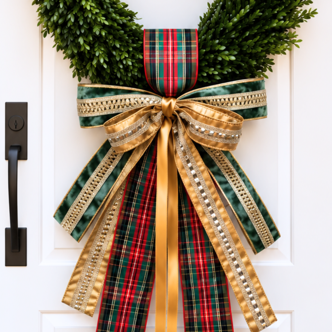 Close-up of a red plaid, green velvet and gold ribbon bow on a boxwood wreath on a white door