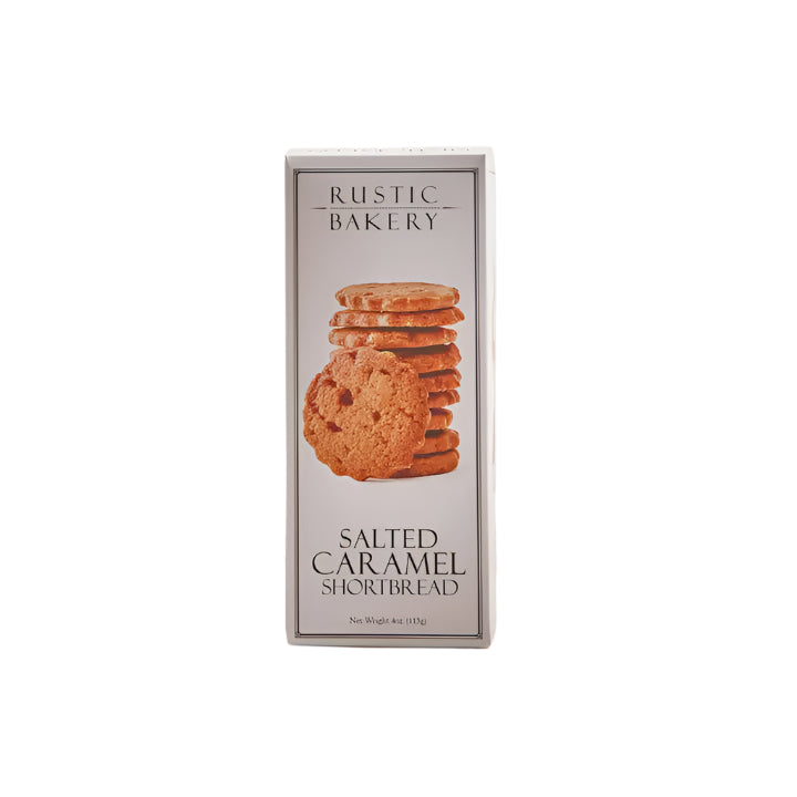 Rustic Bakery Salted Caramel Shortbread box with a stack of cookies pictured