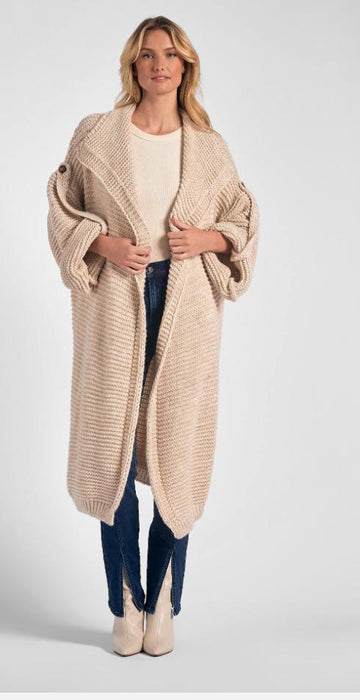 Open Front Long Roll-Tab Sleeve Cardigan Sweater