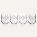 Glassware by Mignon Faget features four stemless wine glasses with frosted fleur-de-lis icons of New Orleans on a reflective neutral background highlighting delicate diagonal line textures and a script signature logo