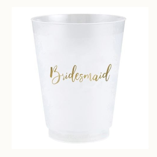 Studio photograph of a translucent frosted plastic party cup for a wedding event featuring the word Bridesmaid printed in elegant gold cursive script against a white backdrop