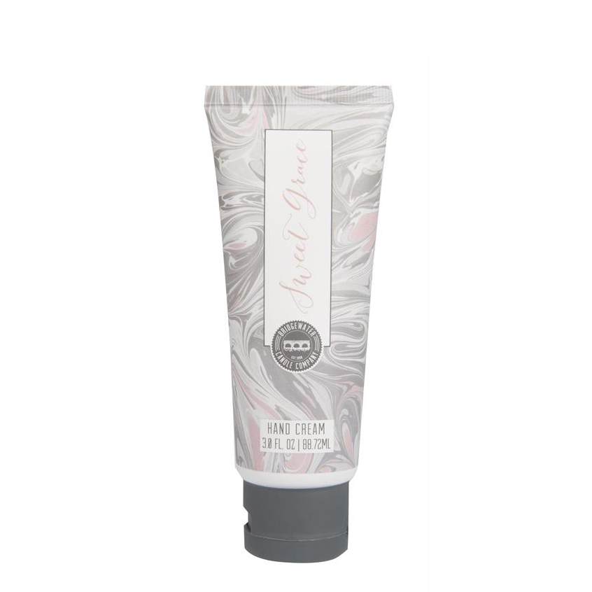 Product photograph by Bridgewater Candle Company featuring a tube of Sweet Grace Hand Cream centered on a white background, displaying a grey and blush pink marble swirl pattern, elegant cursive typography, and a dark grey flip-top cap