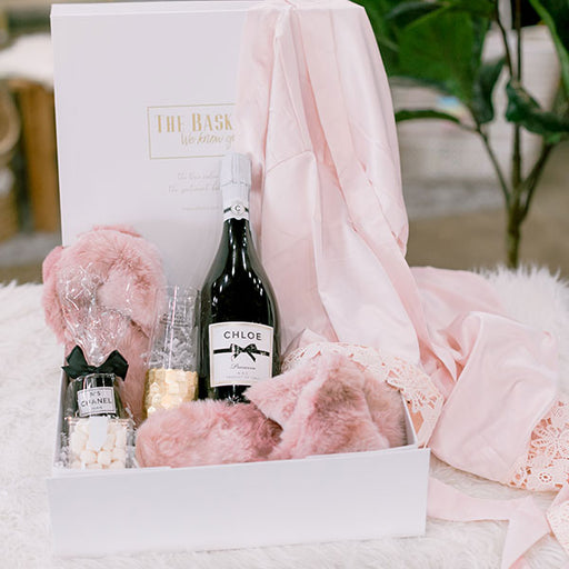 Chloe Prosecco, fuzzy slippers, silk robe bridal party getting ready gift box