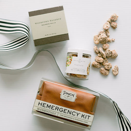 MIni emergency kit for him, Bourbon Balls, and mixed nuts gift for a true gentleman