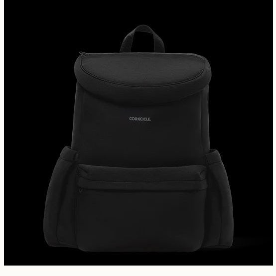 Product photography by Corkcicle of a matte black insulated backpack cooler against a black background featuring a white minimalist logo, curved top zipper lid, and side utility pockets