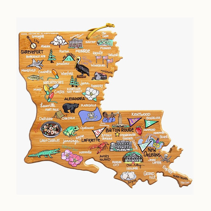 Fish Kiss bamboo wood illustrated map of Louisiana showcasing iconic landmarks in New Orleans and Baton Rouge surrounded by colorful hand-drawn icons including a green alligator, a red crawfish, and a Mardi Gras mask